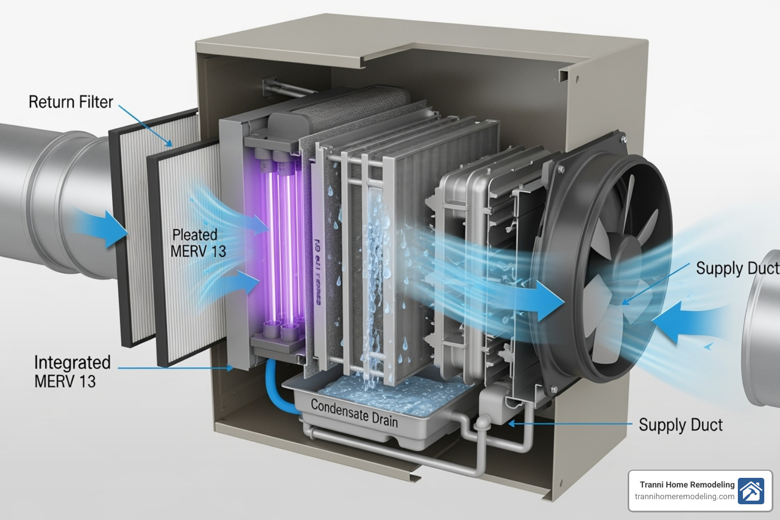 A cutaway diagram showing an air purifier integrated with an HVAC system, illustrating airflow through filters and purification components - heating and air conditioning