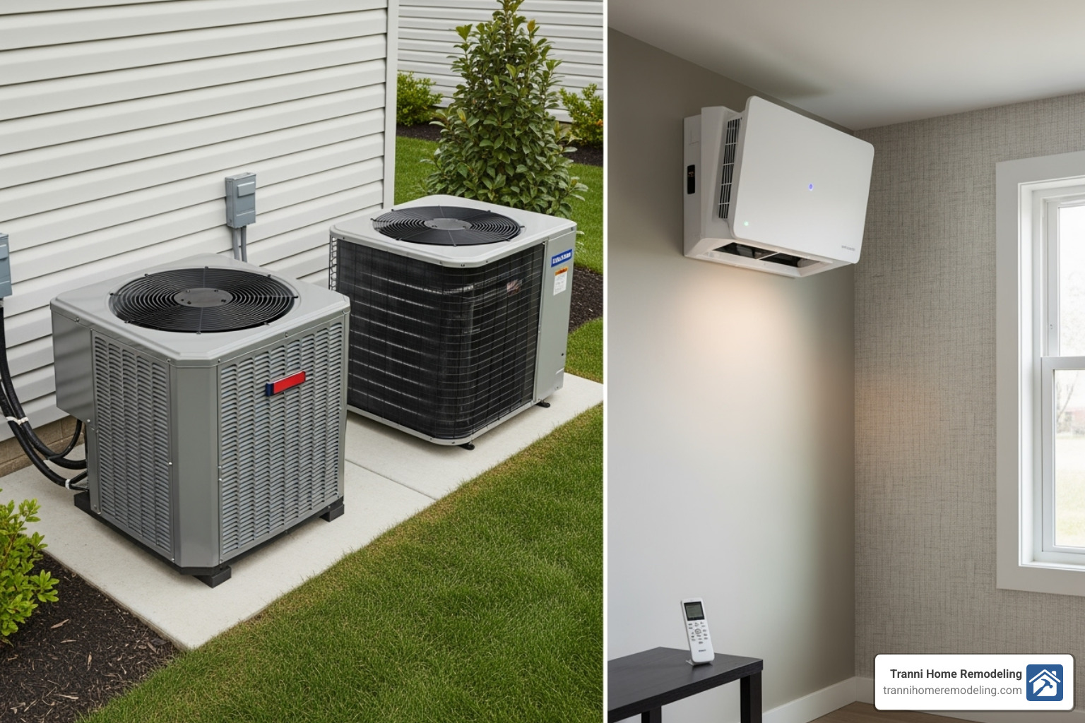 Different types of outdoor and indoor HVAC units, including a central AC unit, a heat pump, and a ductless mini-split indoor head - heating and air conditioning