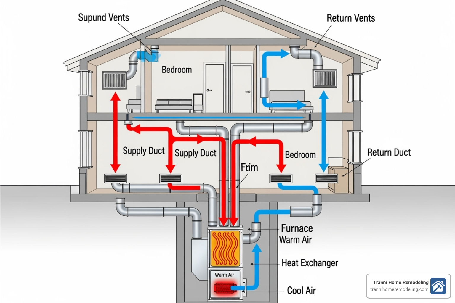 An animated diagram showing a furnace heating air, with arrows indicating airflow from return vents, through the furnace's heat exchanger, and out through supply vents into a home - heating and air conditioning