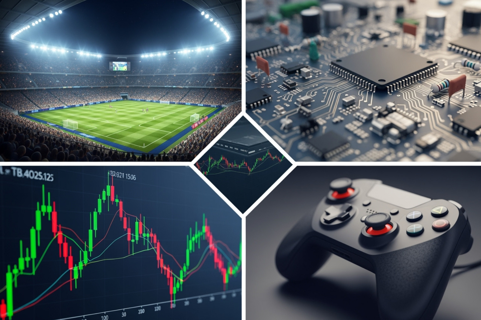 A collage representing the different content categories: a stadium, a circuit board, a stock chart, and a gaming controller - tophillsport com