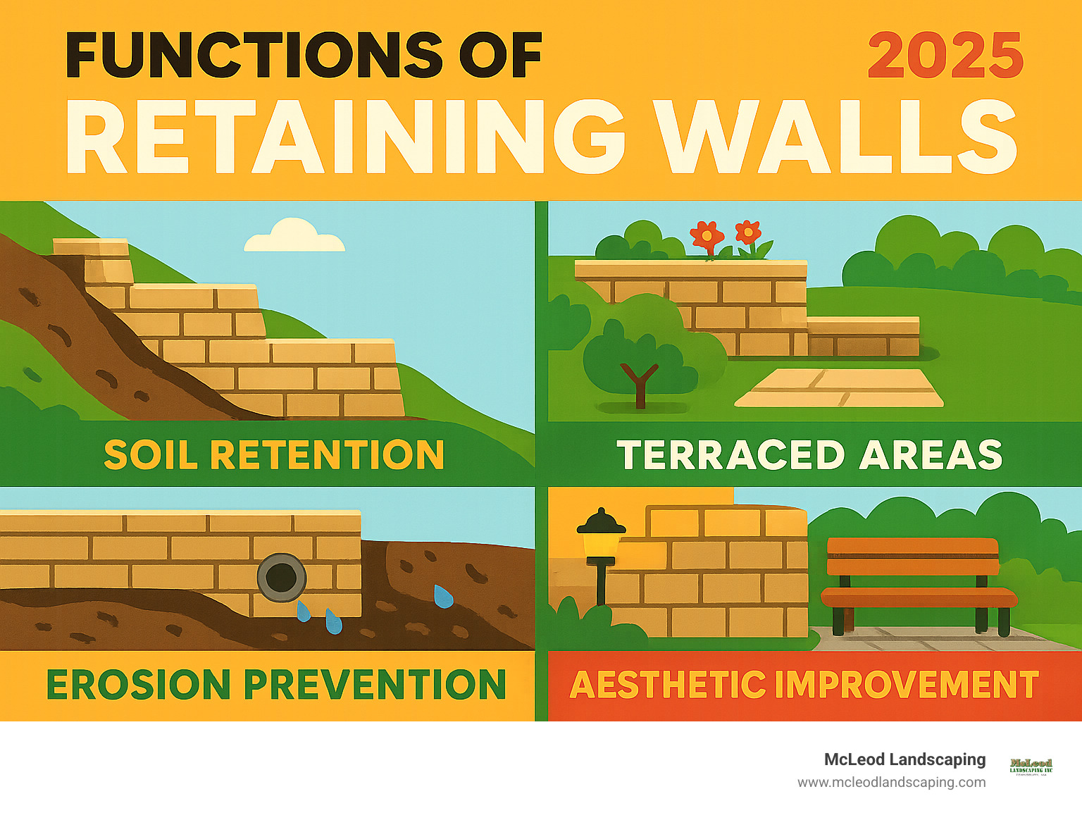 Infographic showing the primary functions of retaining walls: soil retention on sloped terrain, creation of level terraced areas for gardens and patios, erosion prevention through proper drainage systems, and aesthetic improvement of landscape design with integrated features like lighting and seating - backyard retaining wall ideas infographic 