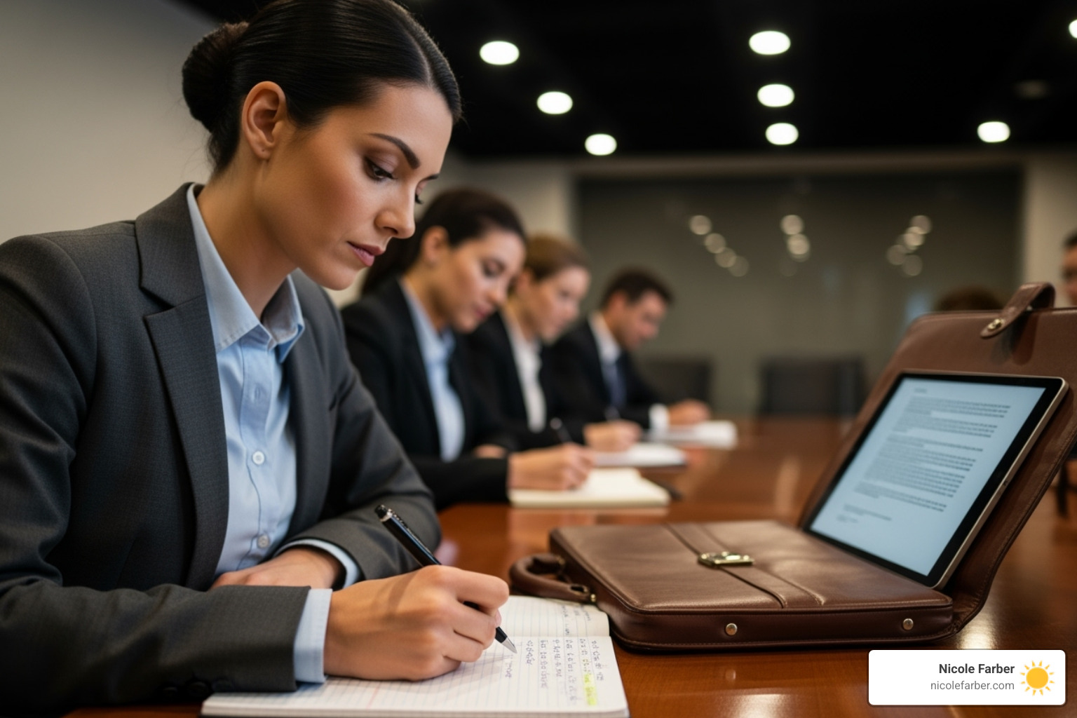 An attorney diligently taking notes at a legal seminar, demonstrating engagement and focus - law firm growth conference
