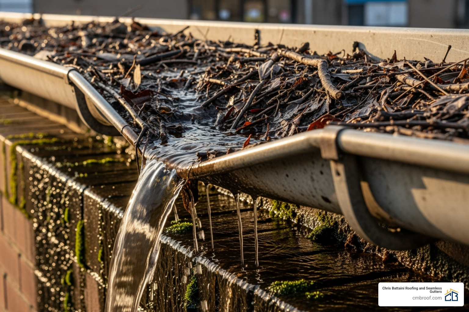 of a sagging gutter overflowing with debris - Commercial gutter maintenance