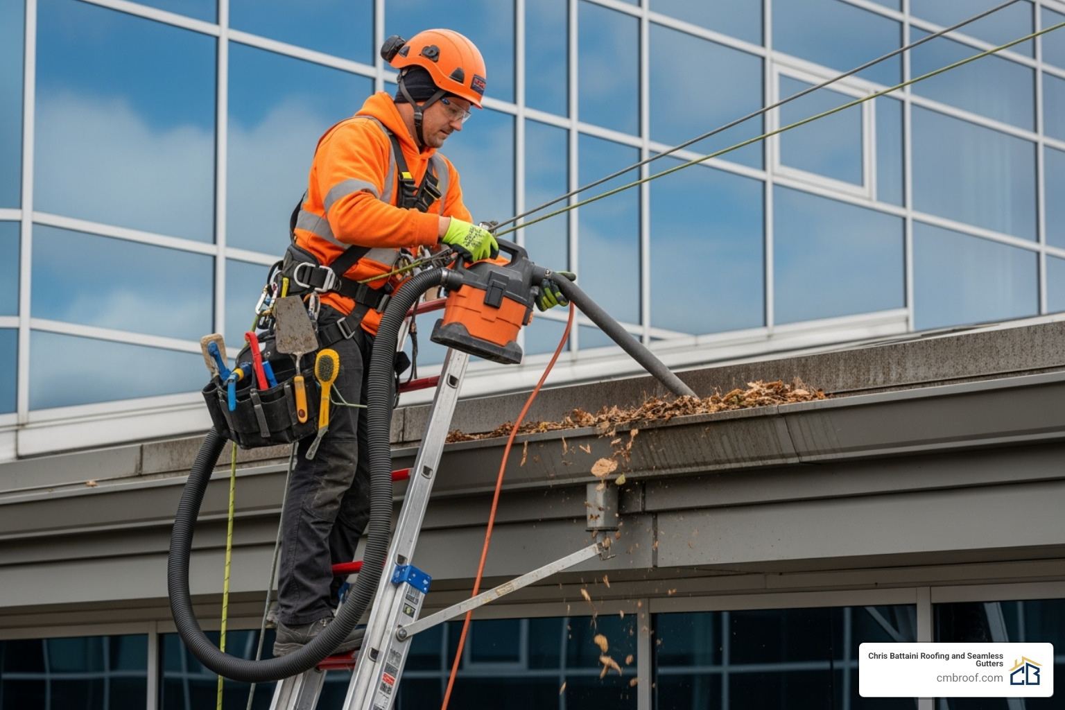 of a professional safely cleaning a commercial gutter - Commercial gutter maintenance