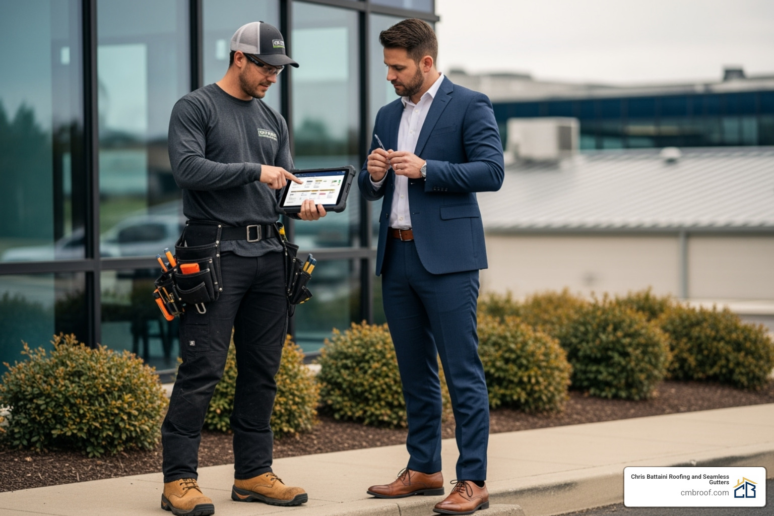 of a professional roofer providing a quote to a property manager - Commercial gutter maintenance