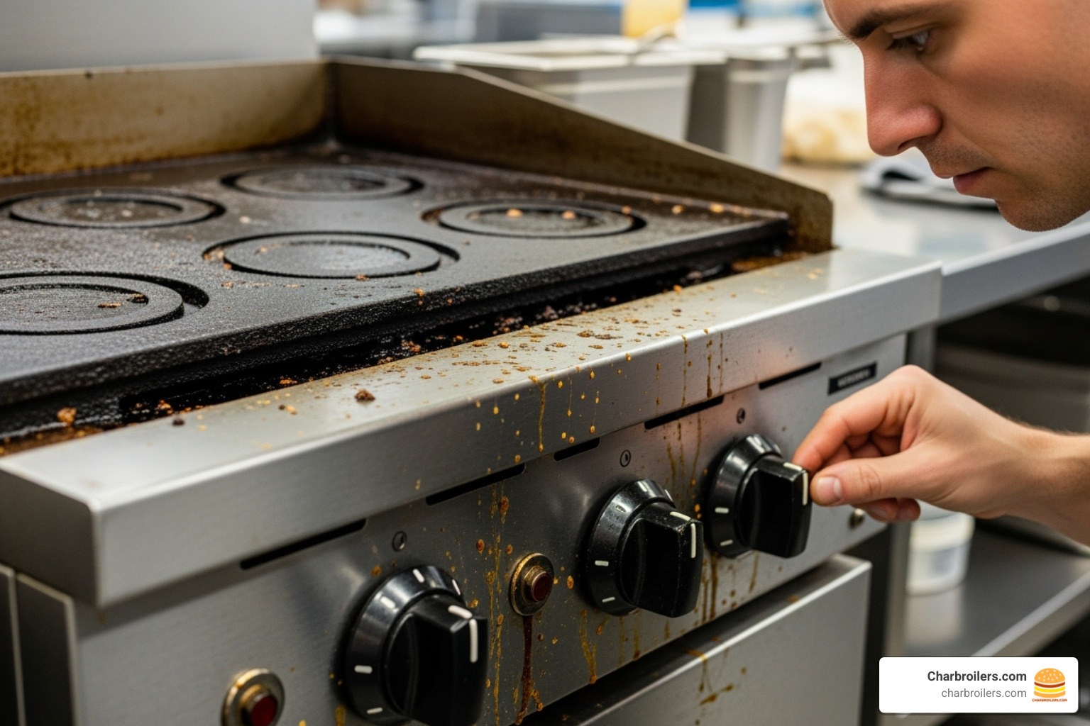 person closely inspecting the knobs and surface of a used griddle - used commercial flat top grill for sale person closely inspecting the knobs and surface of a used griddle - used commercial flat top grill for sale