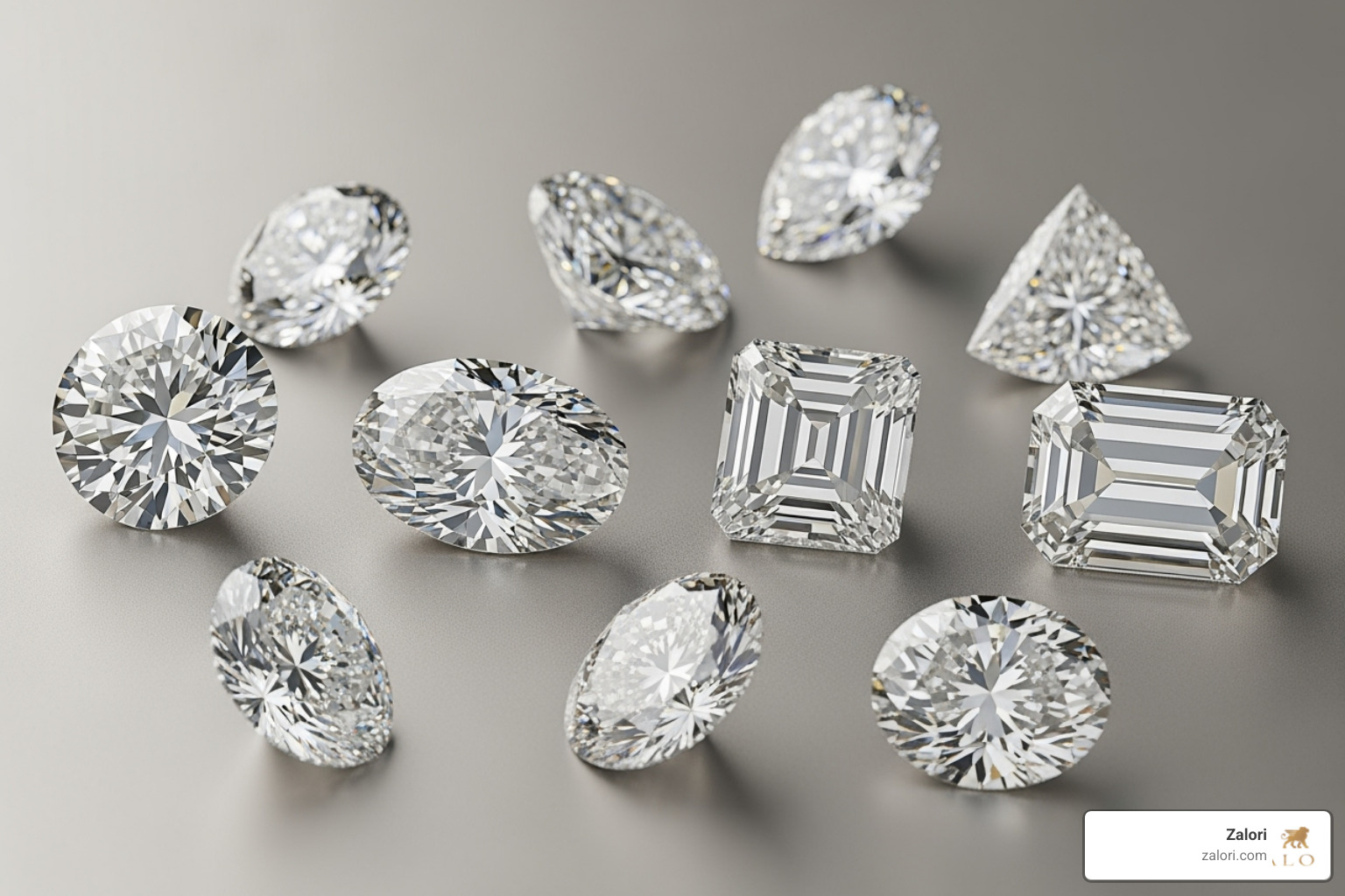 Various diamond shapes like Round, Oval, Princess, and Emerald laid out - Certified loose diamonds Various diamond shapes like Round, Oval, Princess, and Emerald laid out - Certified loose diamonds