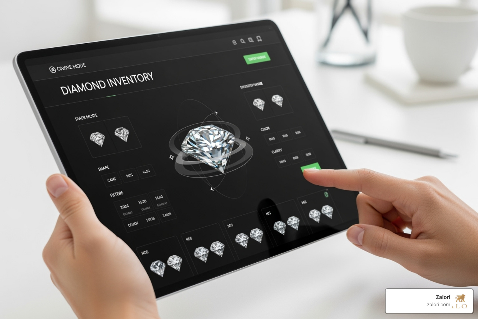 A user browsing an online diamond inventory with 360° views - Certified loose diamonds A user browsing an online diamond inventory with 360° views - Certified loose diamonds