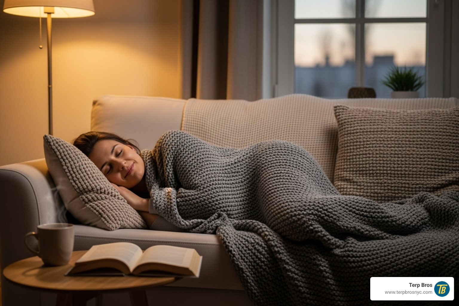 Person relaxing peacefully on a couch, surrounded by soft lighting and a blanket, illustrating the calming effects of Cherry Beltz - cherry beltz strain