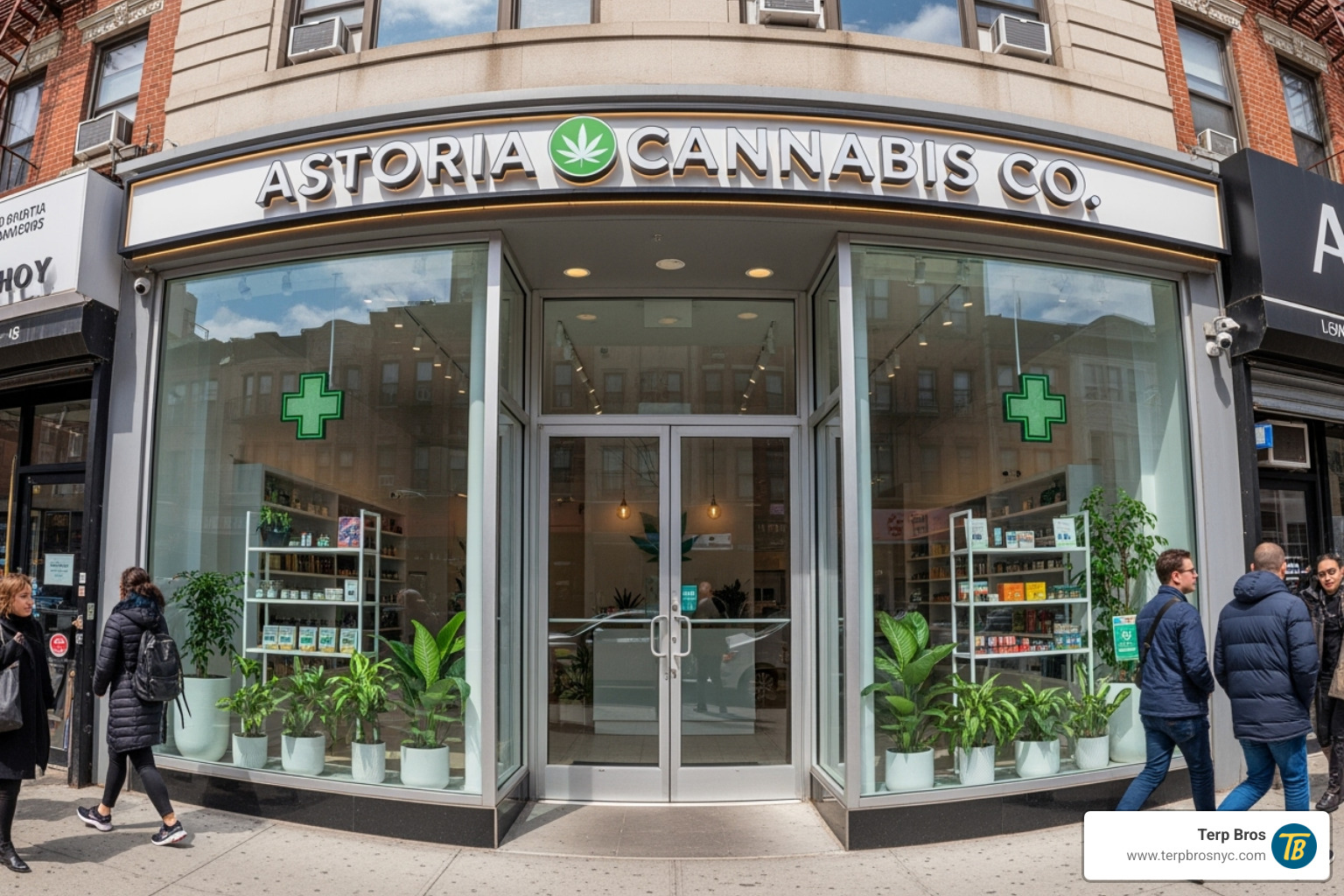 Terp Bros dispensary storefront in Astoria, NY, with a welcoming entrance and clear signage - cherry beltz strain