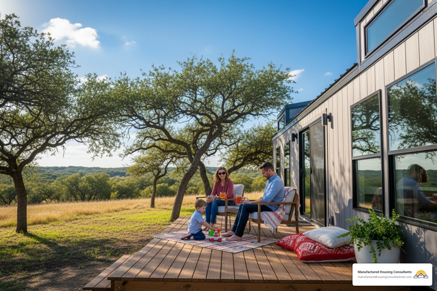 family relaxing on the deck of their personal tiny home - Tiny home vacation rental