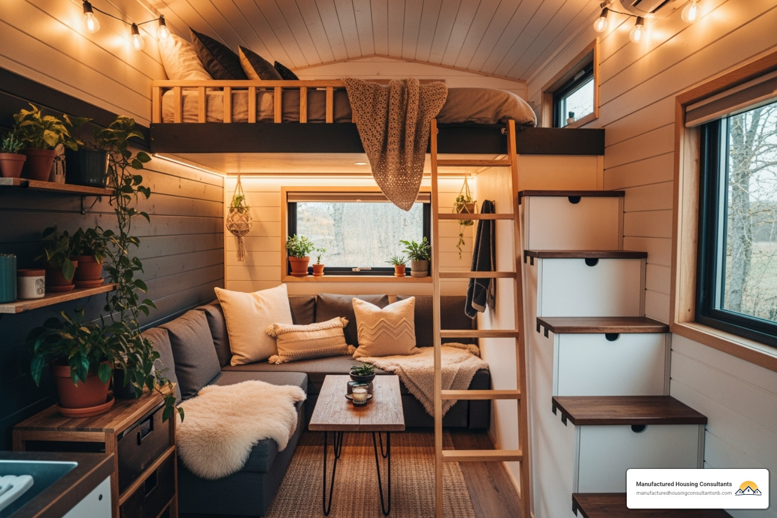 interior of a cozy tiny home with a loft bed - Tiny home vacation rental