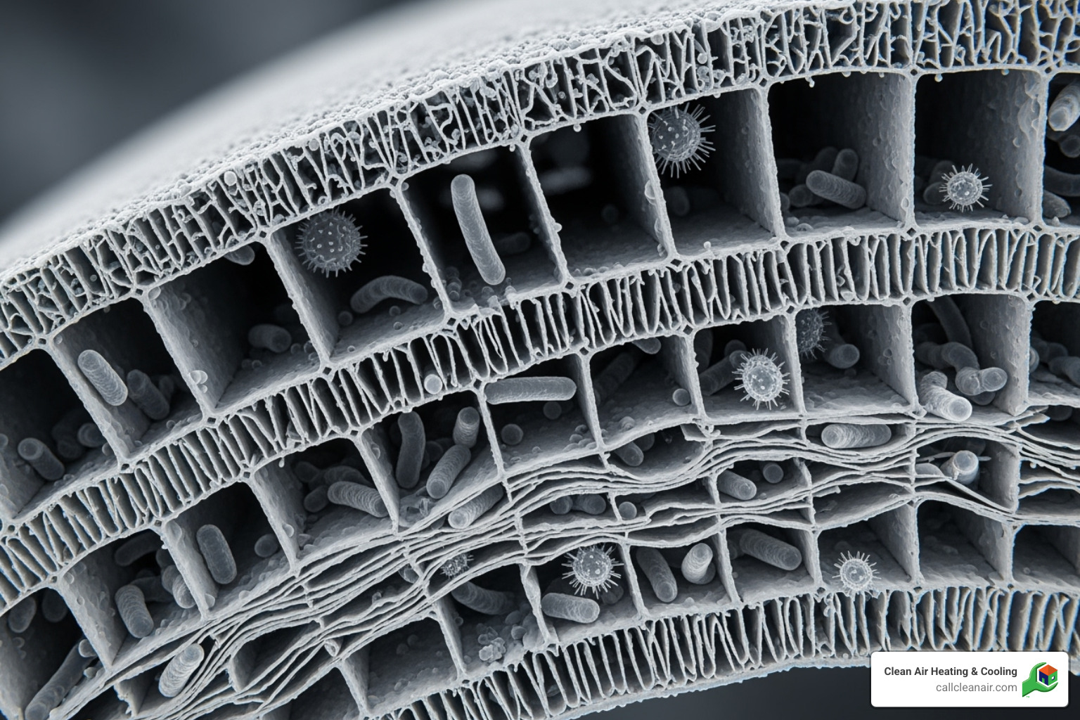 cross-section of a high-efficiency filter trapping microscopic particles - HVAC air purification