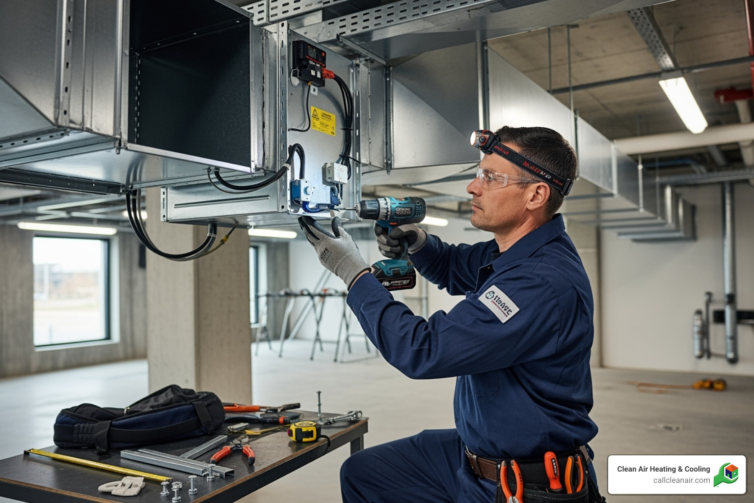 technician professionally installing an in-duct air purifier - HVAC air purification