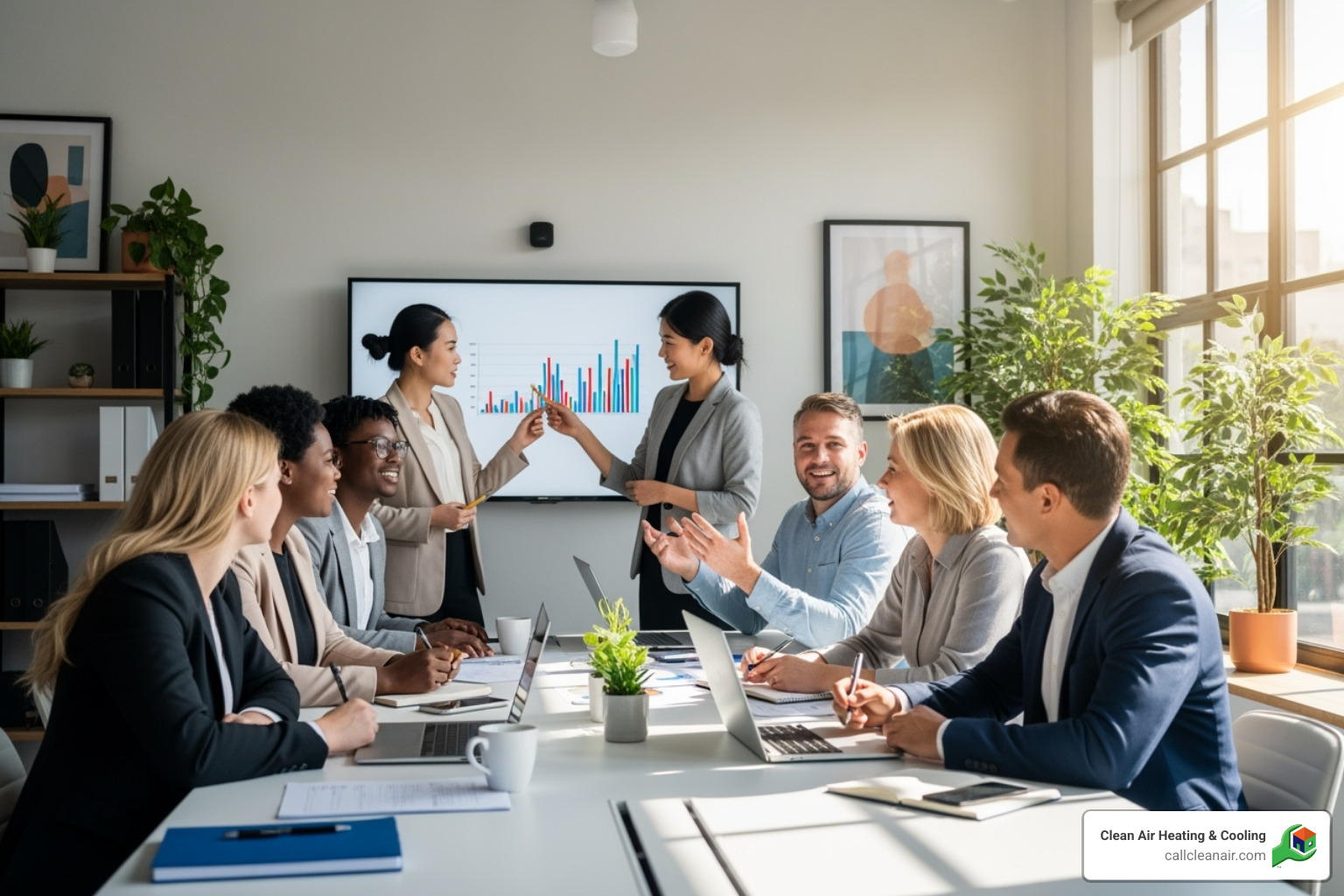 healthy, collaborative team in a meeting room - HVAC air purification