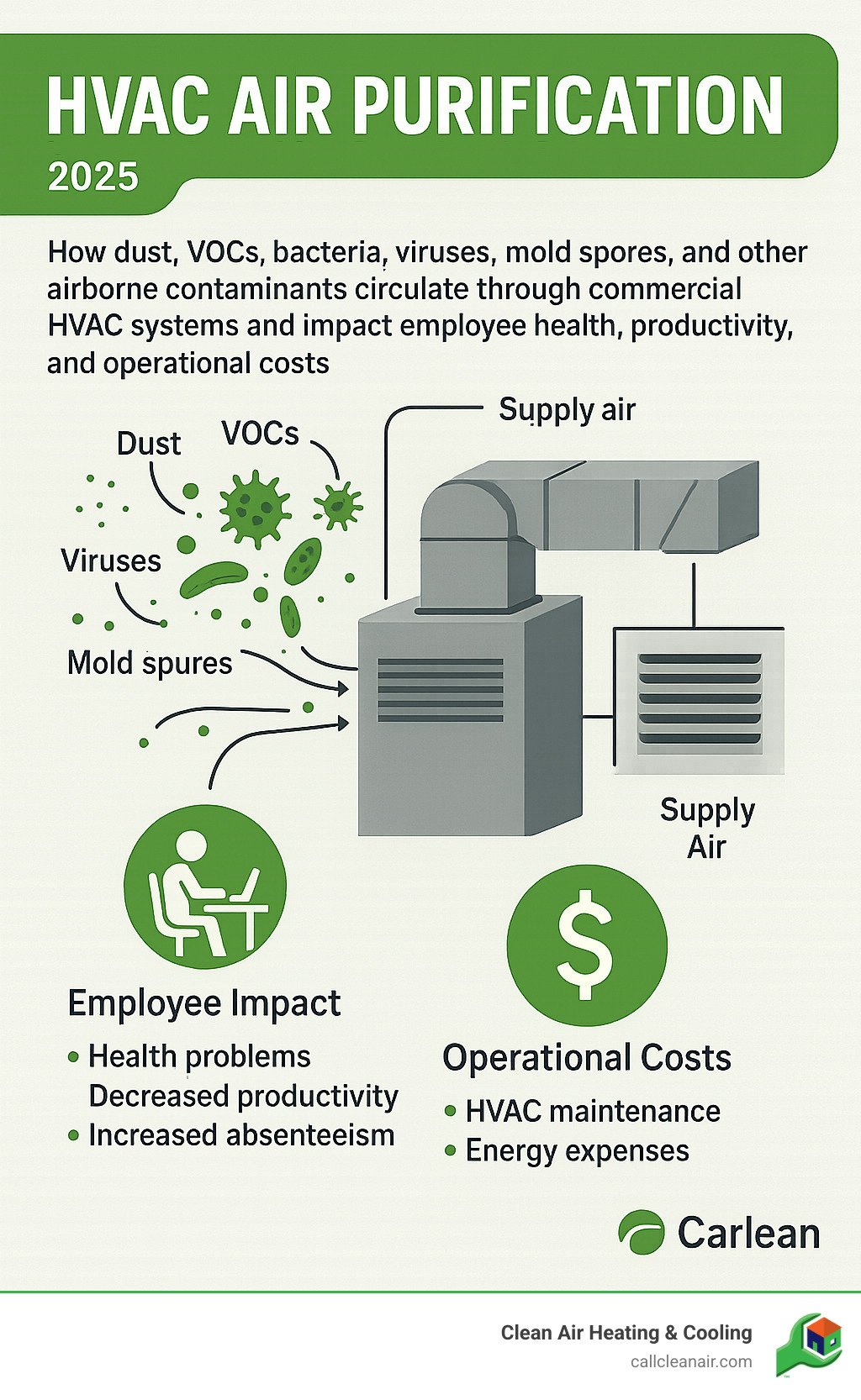 Comprehensive breakdown of how dust, VOCs, bacteria, viruses, mold spores, and other airborne contaminants circulate through commercial HVAC systems and impact employee health, productivity, and operational costs - HVAC air purification infographic 