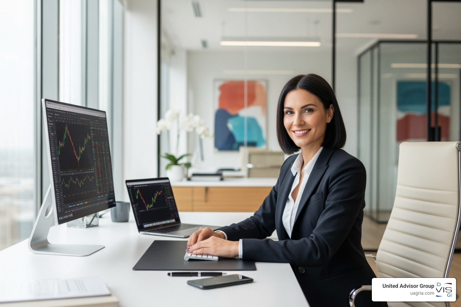 Advisor thriving in a new, modern office environment - Financial advisor move Advisor thriving in a new, modern office environment - Financial advisor move