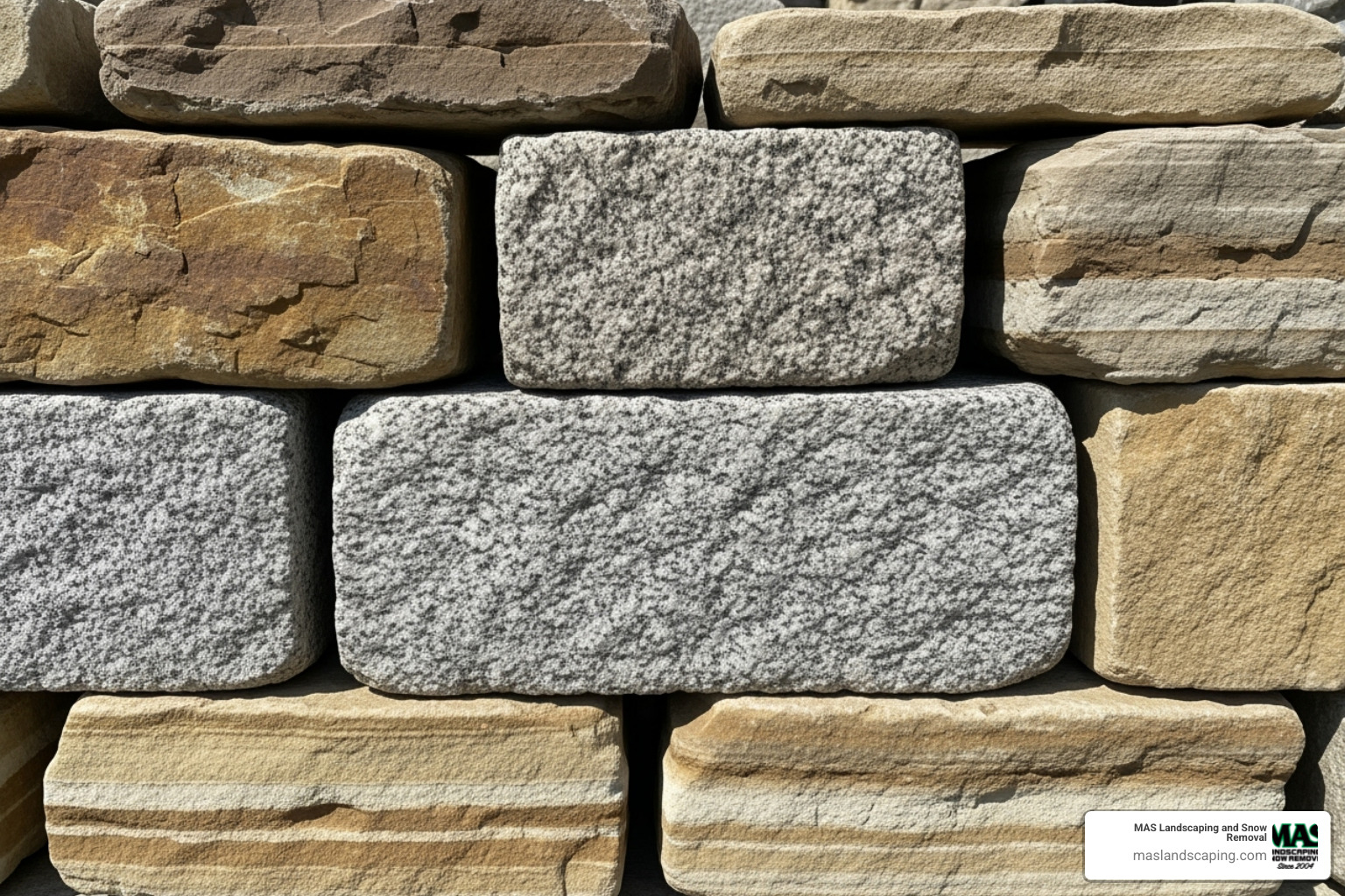 Neatly stacked array of various natural stones including fieldstone, granite, and limestone - natural rock retaining wall