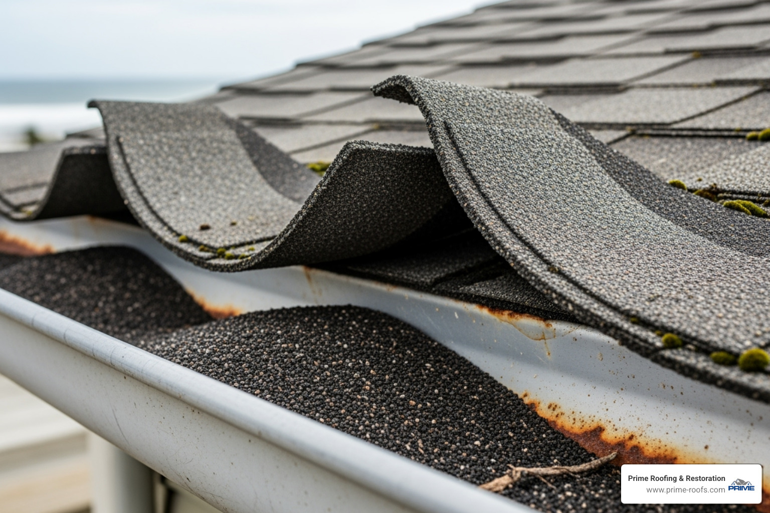 Image of curling shingles and granules in a gutter, common issues in coastal areas. - Roof replacement Orange