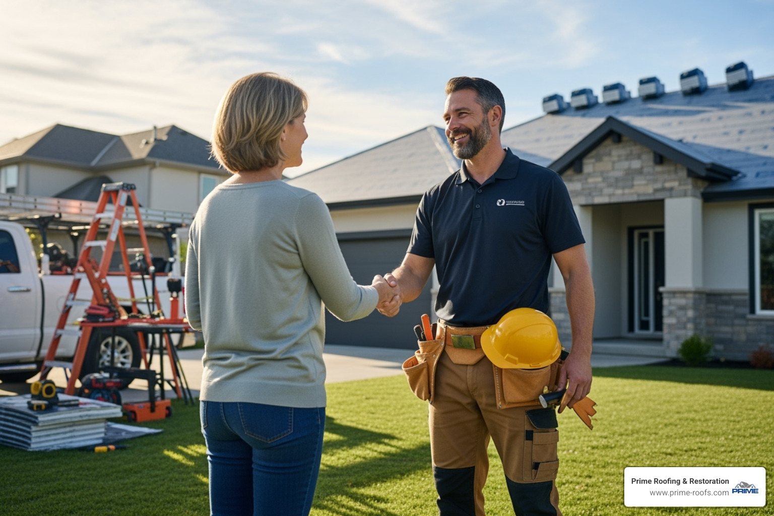 Image of a friendly contractor shaking hands with a happy homeowner. - Roof replacement Orange