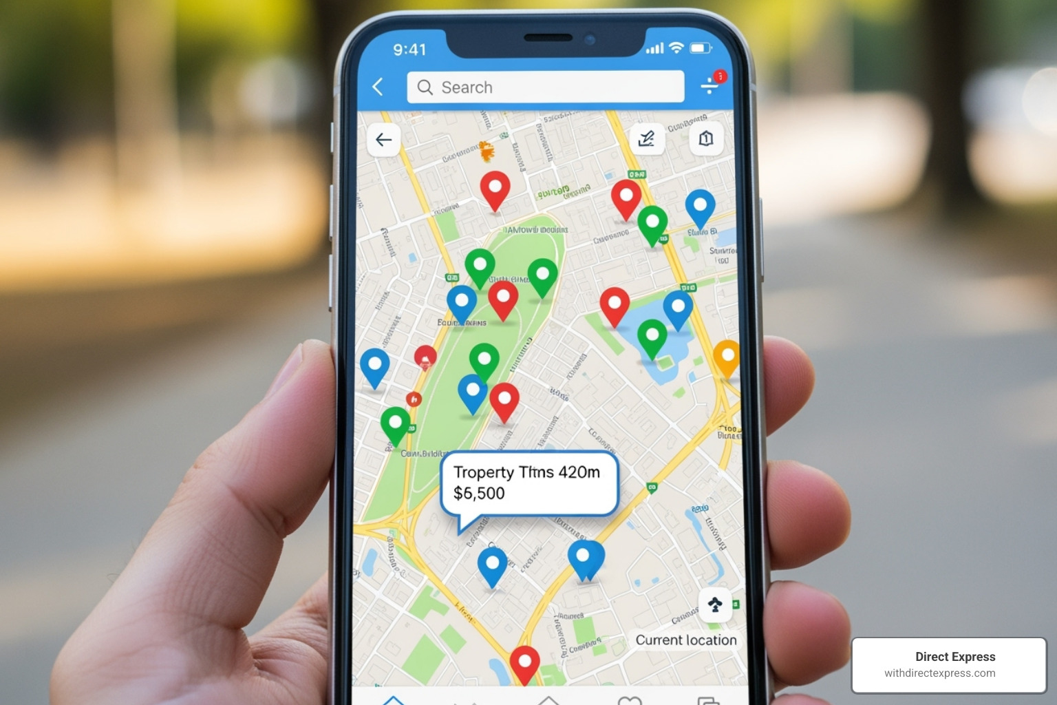 a map interface on a phone showing property pins - apartments for sale near me