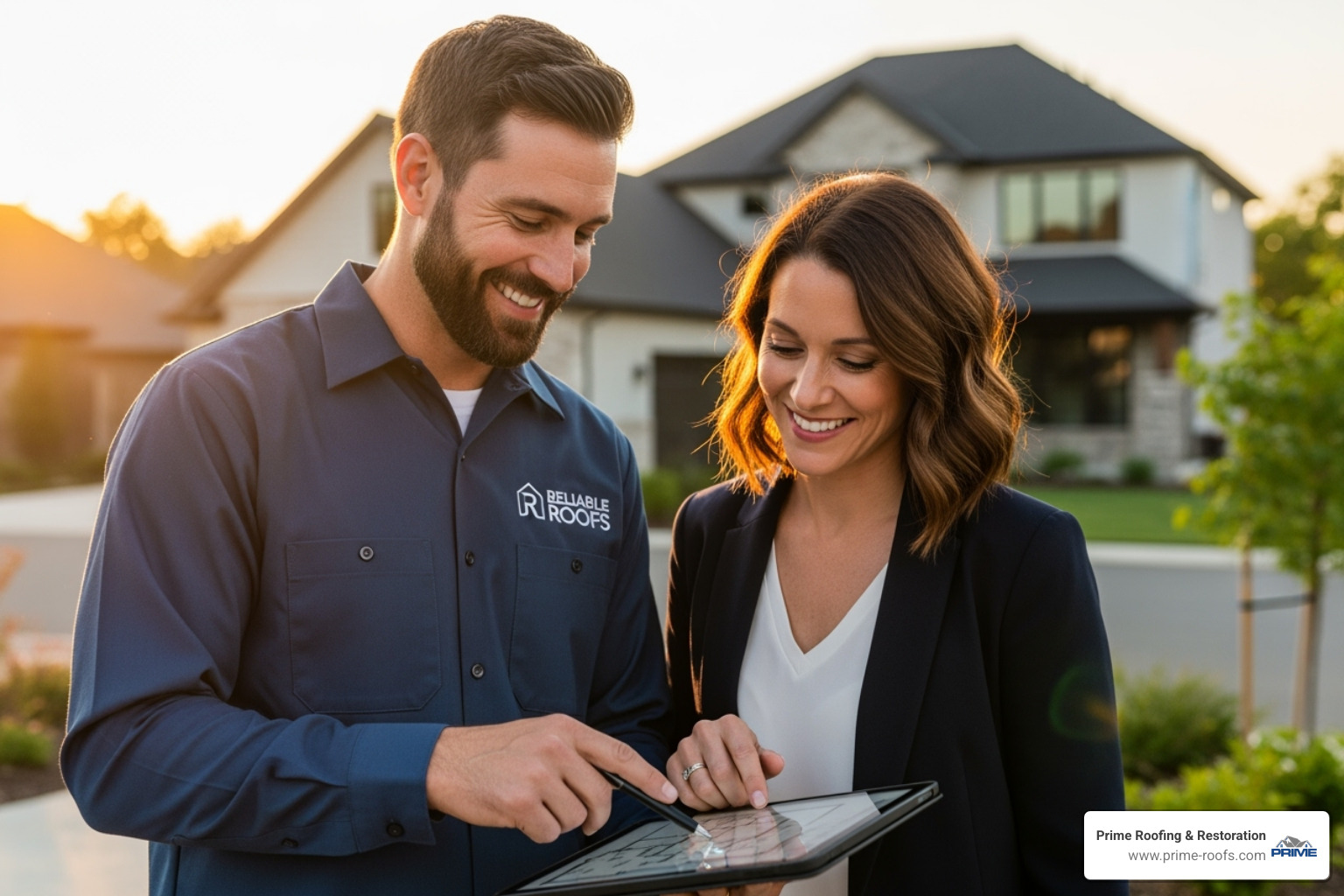 A friendly roofing contractor discussing plans with a homeowner - Roof replacement Hoover A friendly roofing contractor discussing plans with a homeowner - Roof replacement Hoover