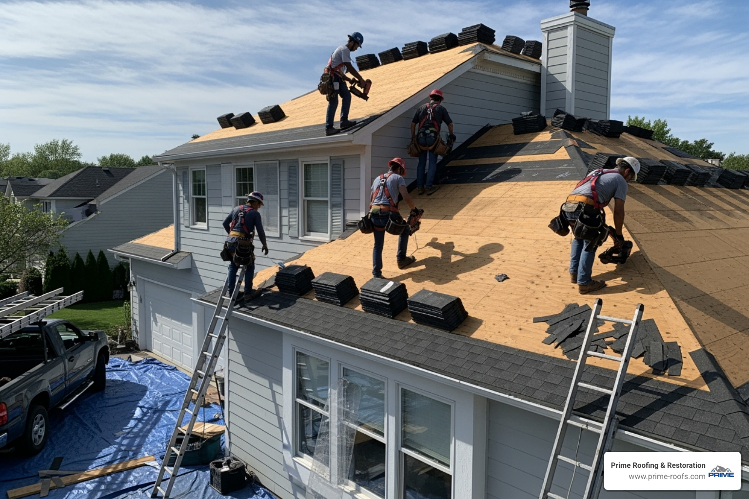A roofing crew safely working on a residential roof replacement - Roof replacement Hoover A roofing crew safely working on a residential roof replacement - Roof replacement Hoover