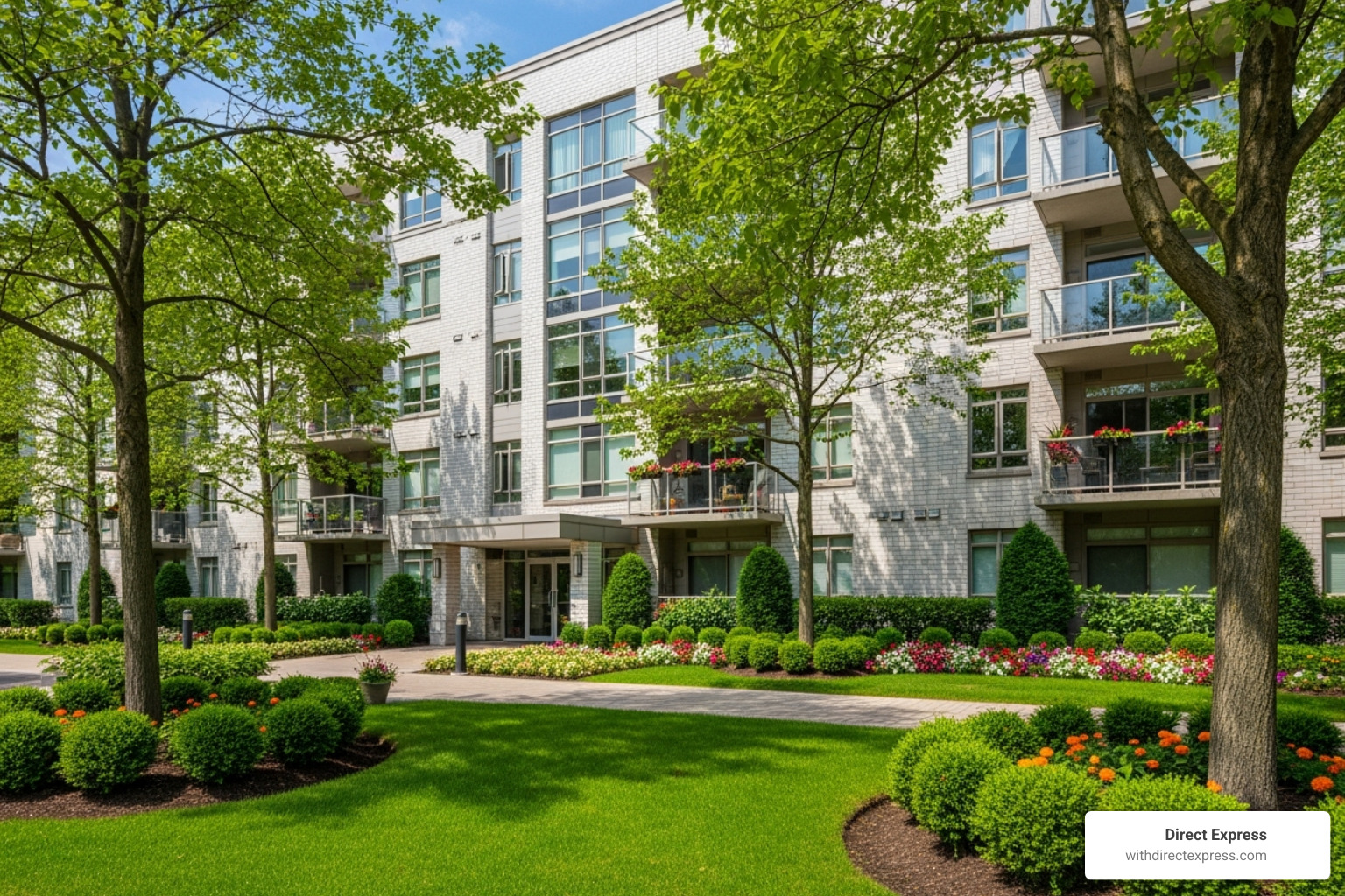 a well-maintained apartment building with nice landscaping - apartments for sale near me