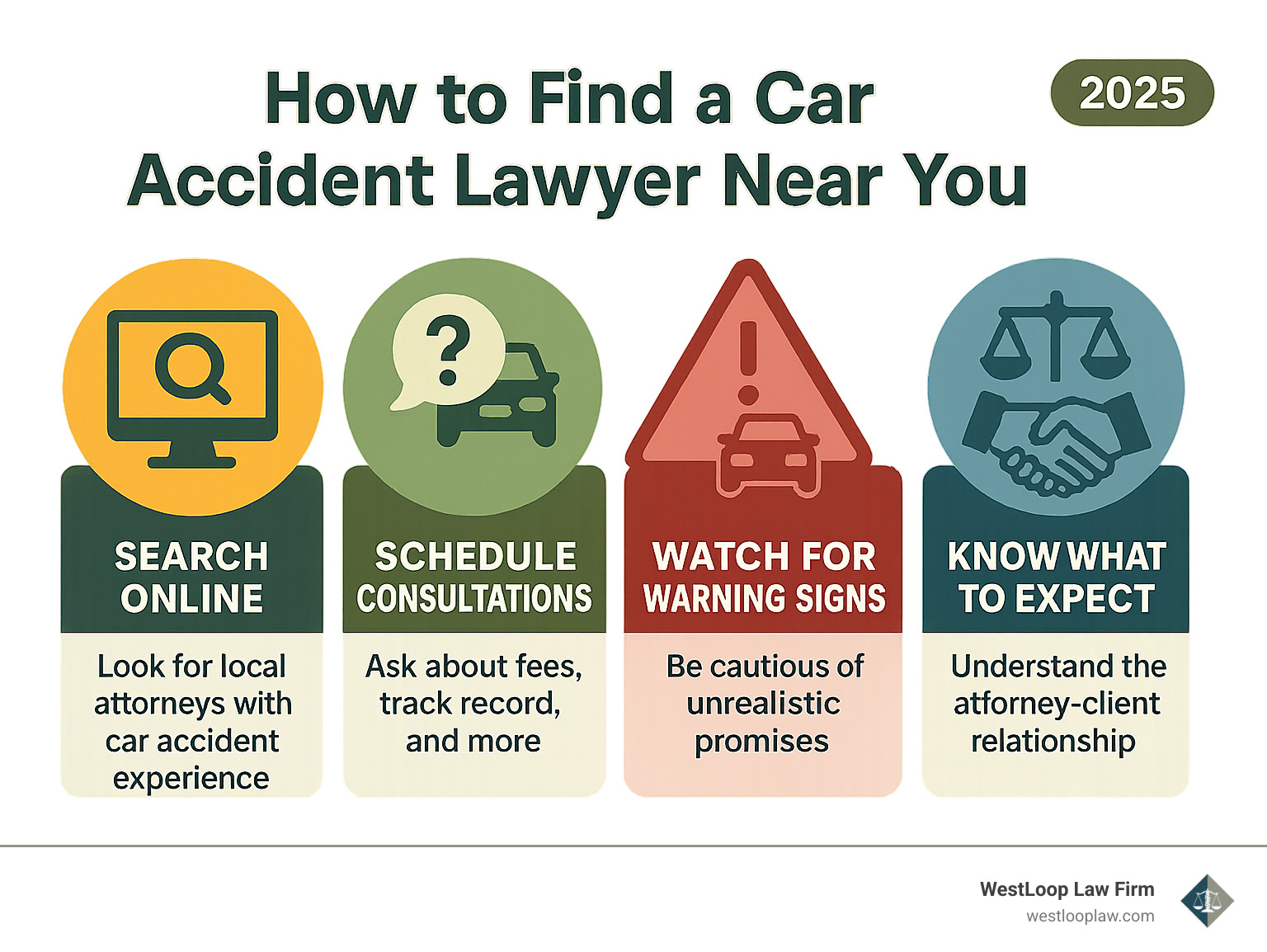 Infographic showing the step-by-step process of finding a car accident lawyer near you, including online research methods, questions to ask during consultations, warning signs to avoid, and what to expect from the attorney-client relationship - car accident lawyers near me infographic 