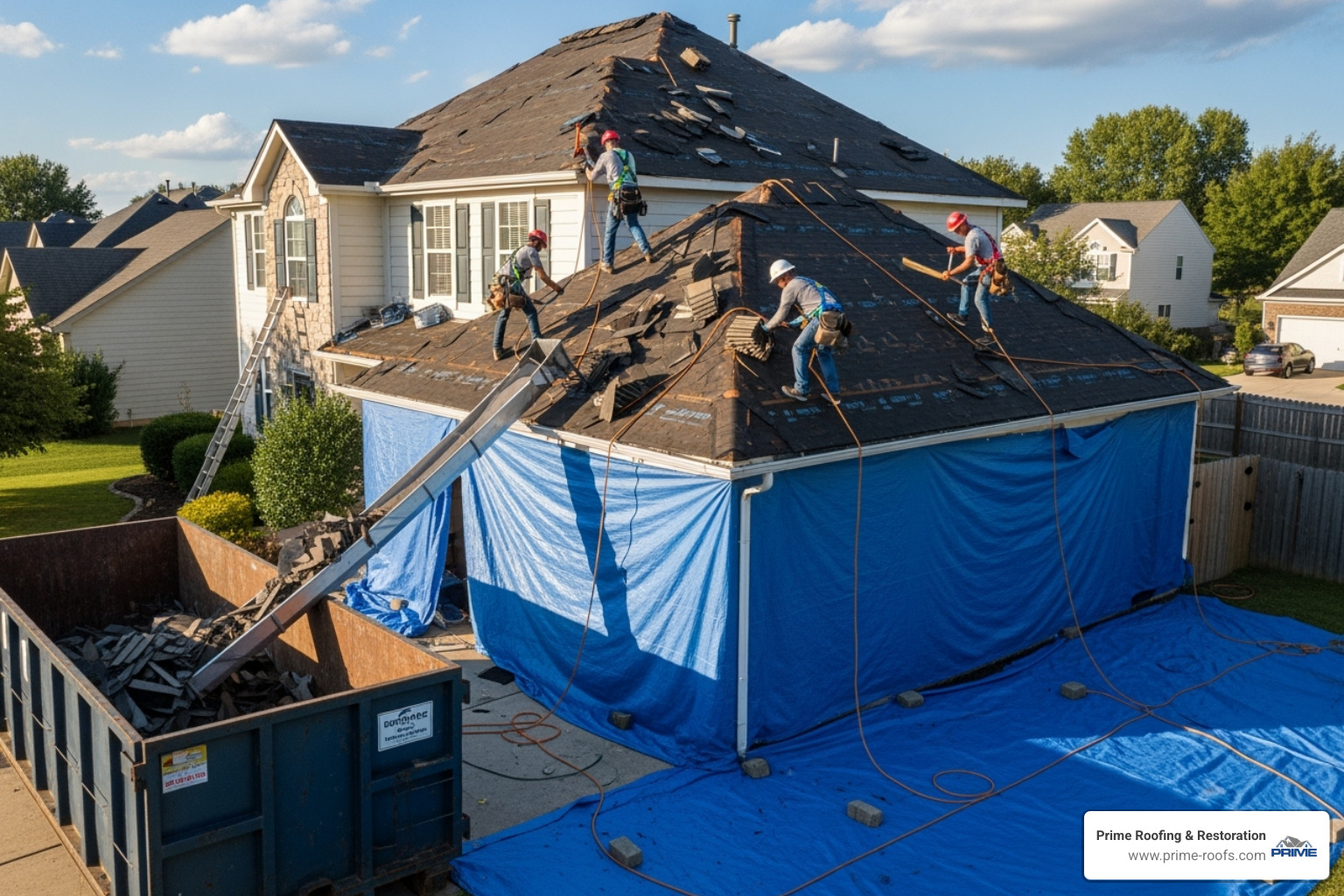 roofing crew performing tear-off with safety gear and tarps - Shingle roof replacement roofing crew performing tear-off with safety gear and tarps - Shingle roof replacement