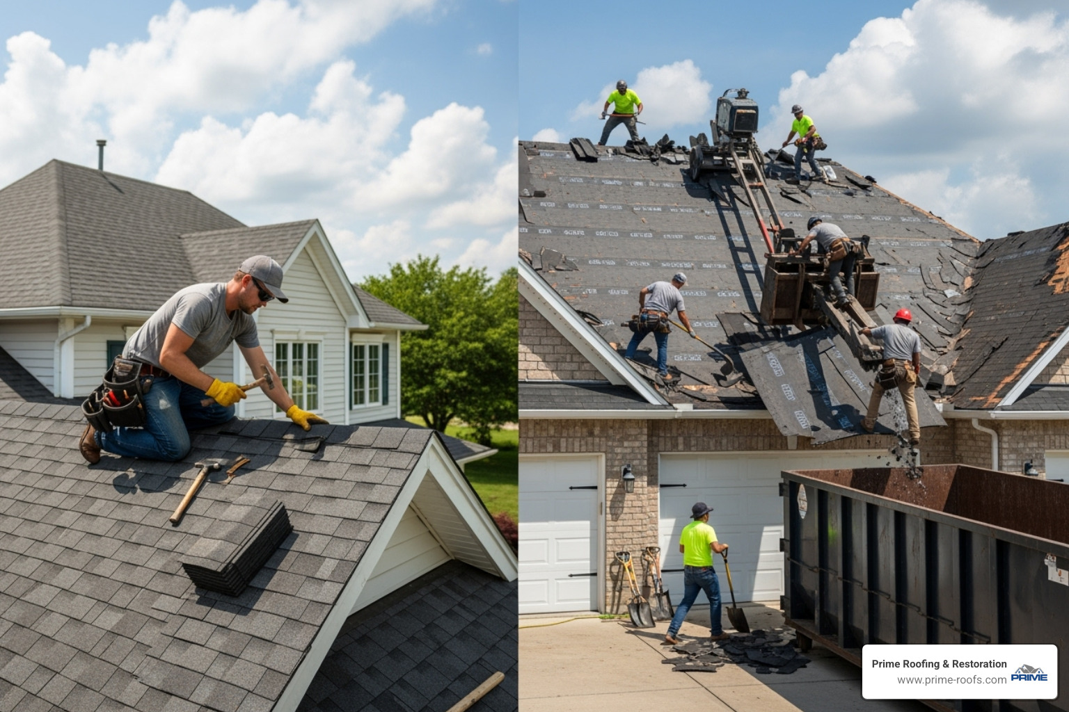 roofer replacing small patch of shingles versus full crew doing tear-off - Shingle roof replacement roofer replacing small patch of shingles versus full crew doing tear-off - Shingle roof replacement