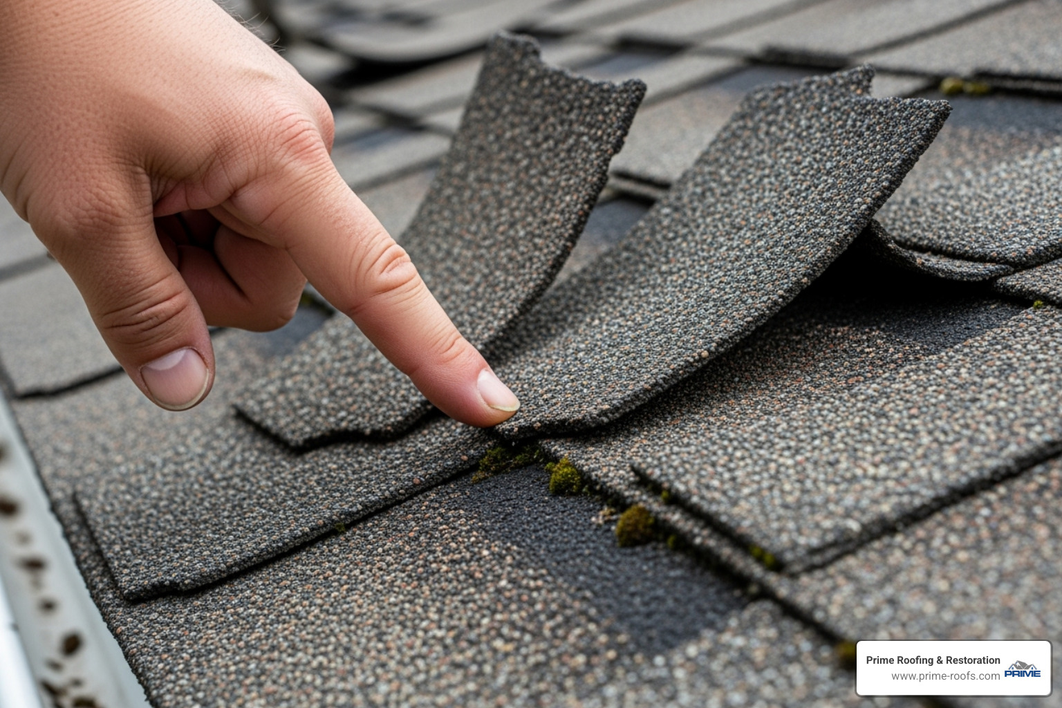 hand pointing to cracked and curling asphalt shingles - Shingle roof replacement hand pointing to cracked and curling asphalt shingles - Shingle roof replacement