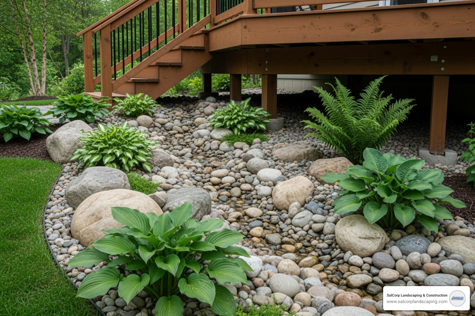 dry creek bed with large stones and accent plants running under deck stairs dry creek bed with large stones and accent plants running under deck stairs