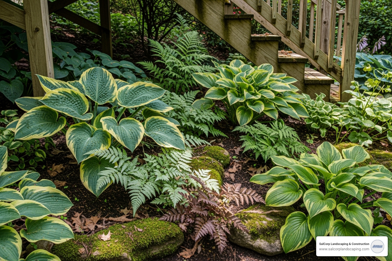 shade garden with hostas and ferns under deck stairs shade garden with hostas and ferns under deck stairs