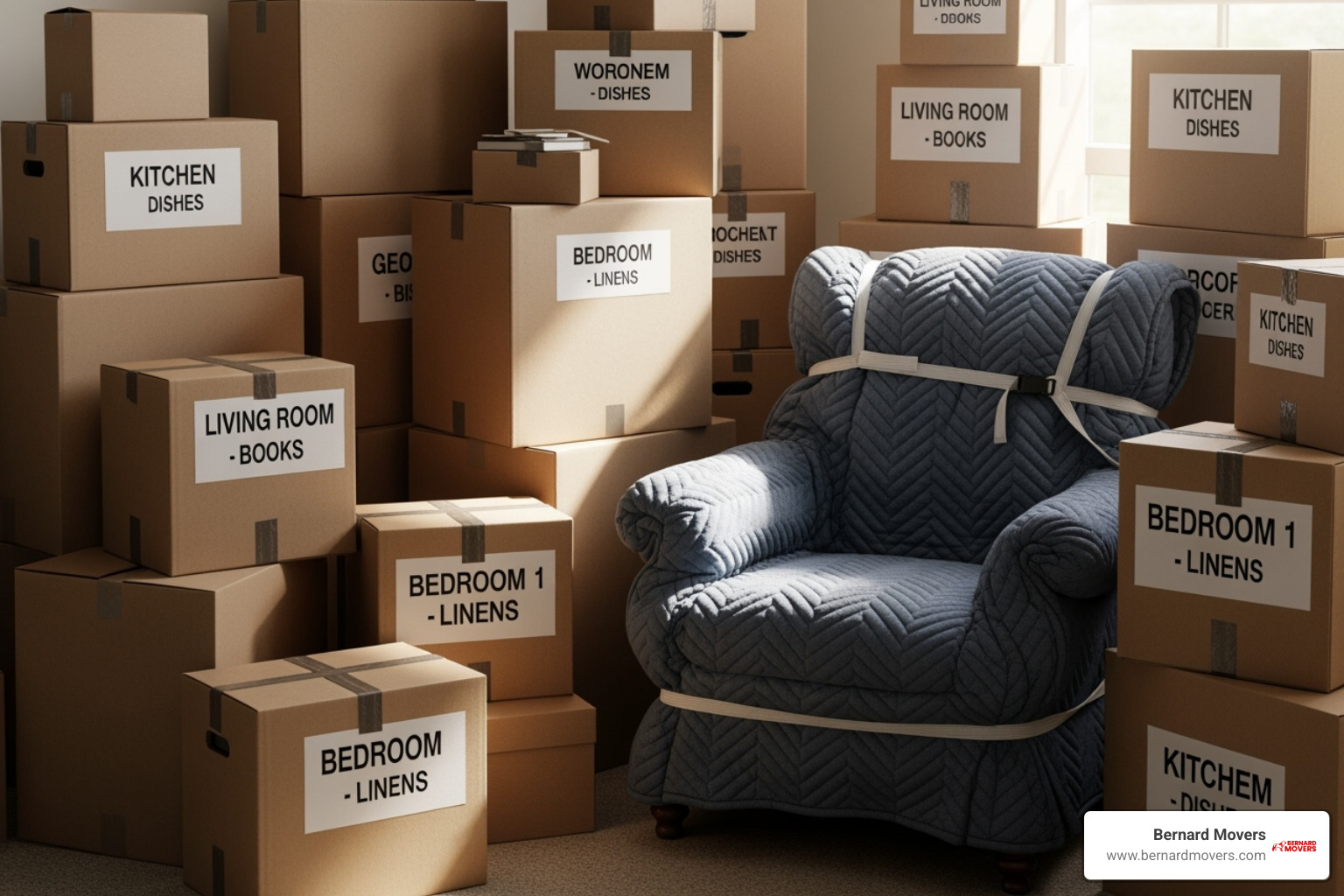Properly packed boxes with clear labels and a well-wrapped piece of furniture - small move long distance