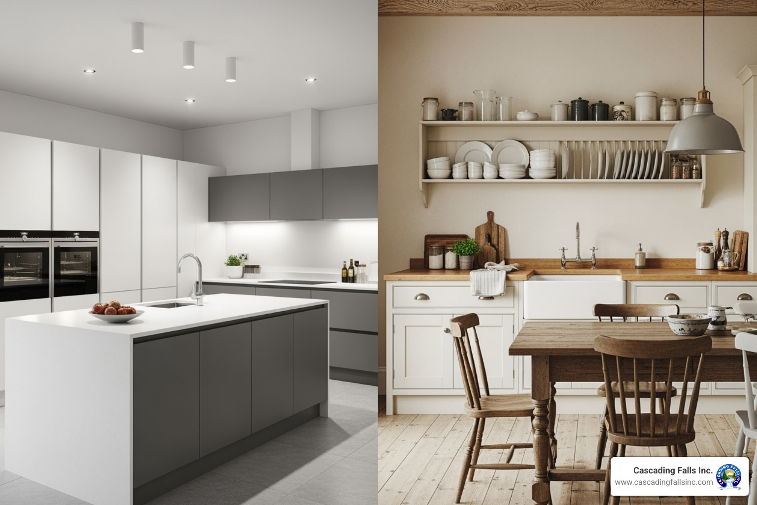 Two contrasting kitchen styles: a minimalist modern kitchen and a warm, rustic farmhouse kitchen - kitchen design tool free Two contrasting kitchen styles: a minimalist modern kitchen and a warm, rustic farmhouse kitchen - kitchen design tool free