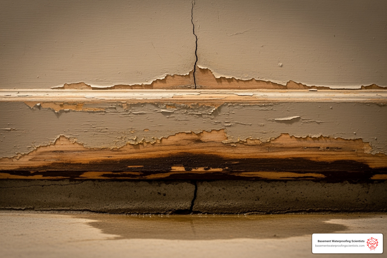 water damage on a baseboard indicating a potential foundation leak - basement baseboard