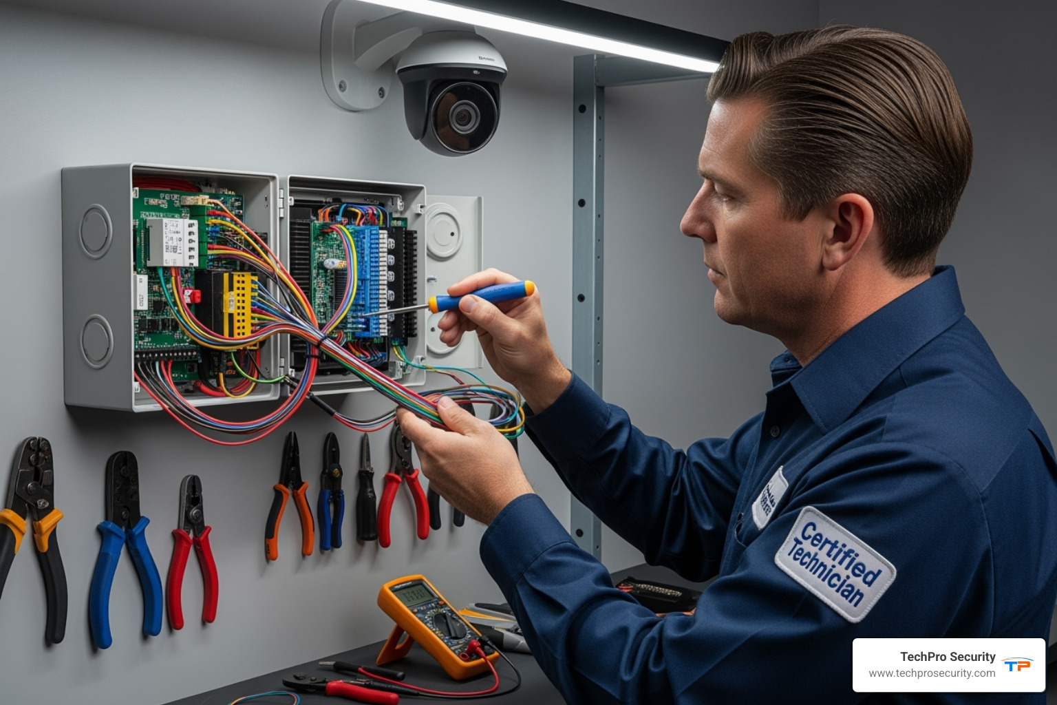 A certified technician neatly wiring a security system, demonstrating precision and expertise - cctv security camera systems boca raton