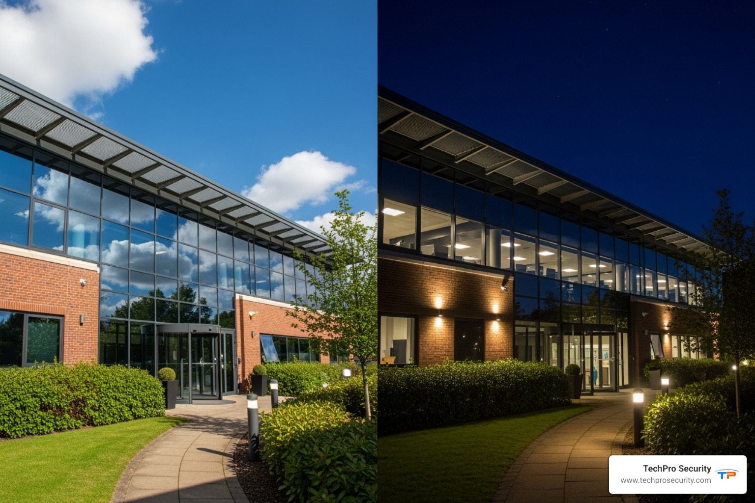 A side-by-side comparison of daytime and nighttime footage from a high-quality camera, demonstrating crisp detail in both lighting conditions - cctv security camera systems boca raton