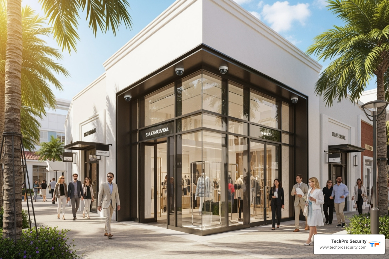 A business storefront in a location like Mizner Park with visible security cameras, blending seamlessly with the architecture - cctv security camera systems boca raton