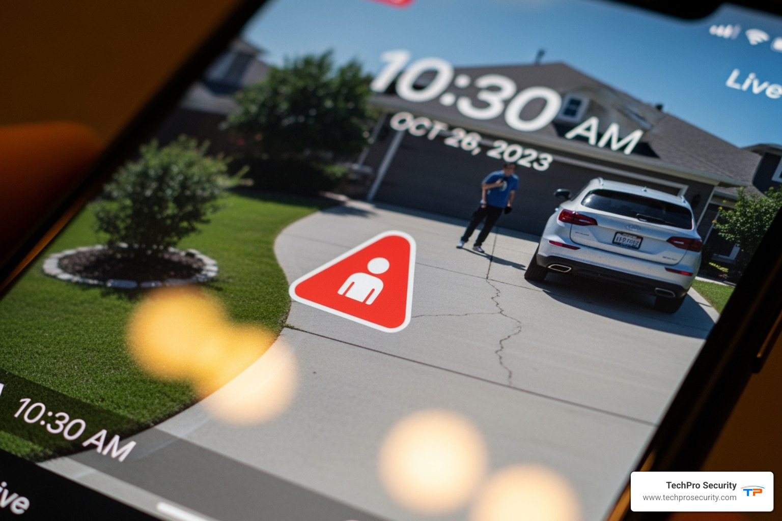 A smartphone screen displaying a security app with AI-powered alerts, showing a notification for "Human Detected in Driveway" - cctv security camera systems boca raton