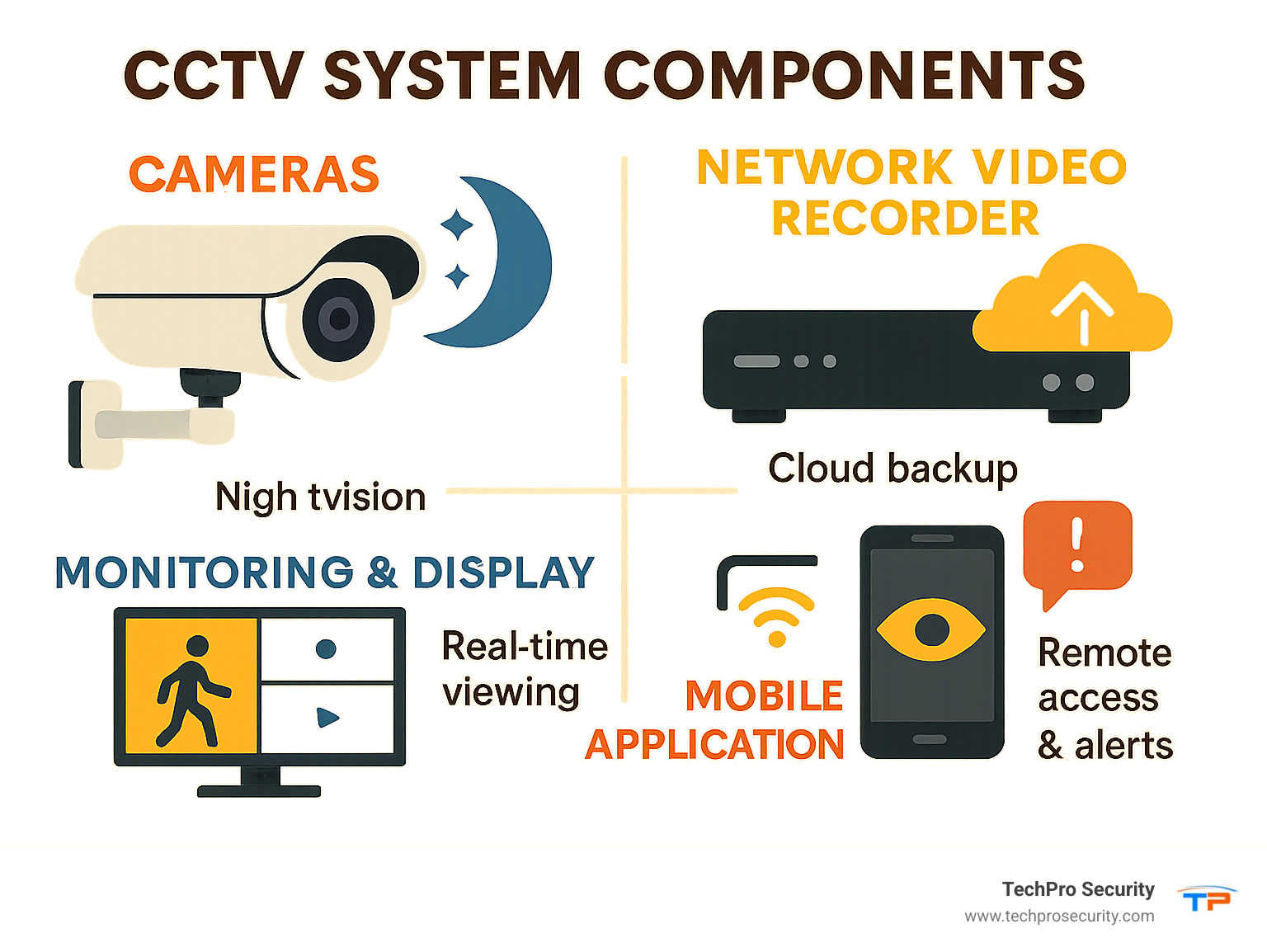 Comprehensive breakdown of modern CCTV system components including high-definition cameras with night vision capabilities, network video recorders with cloud backup options, monitoring displays for real-time viewing, and mobile applications for remote access and alerts - cctv security camera systems boca raton infographic 