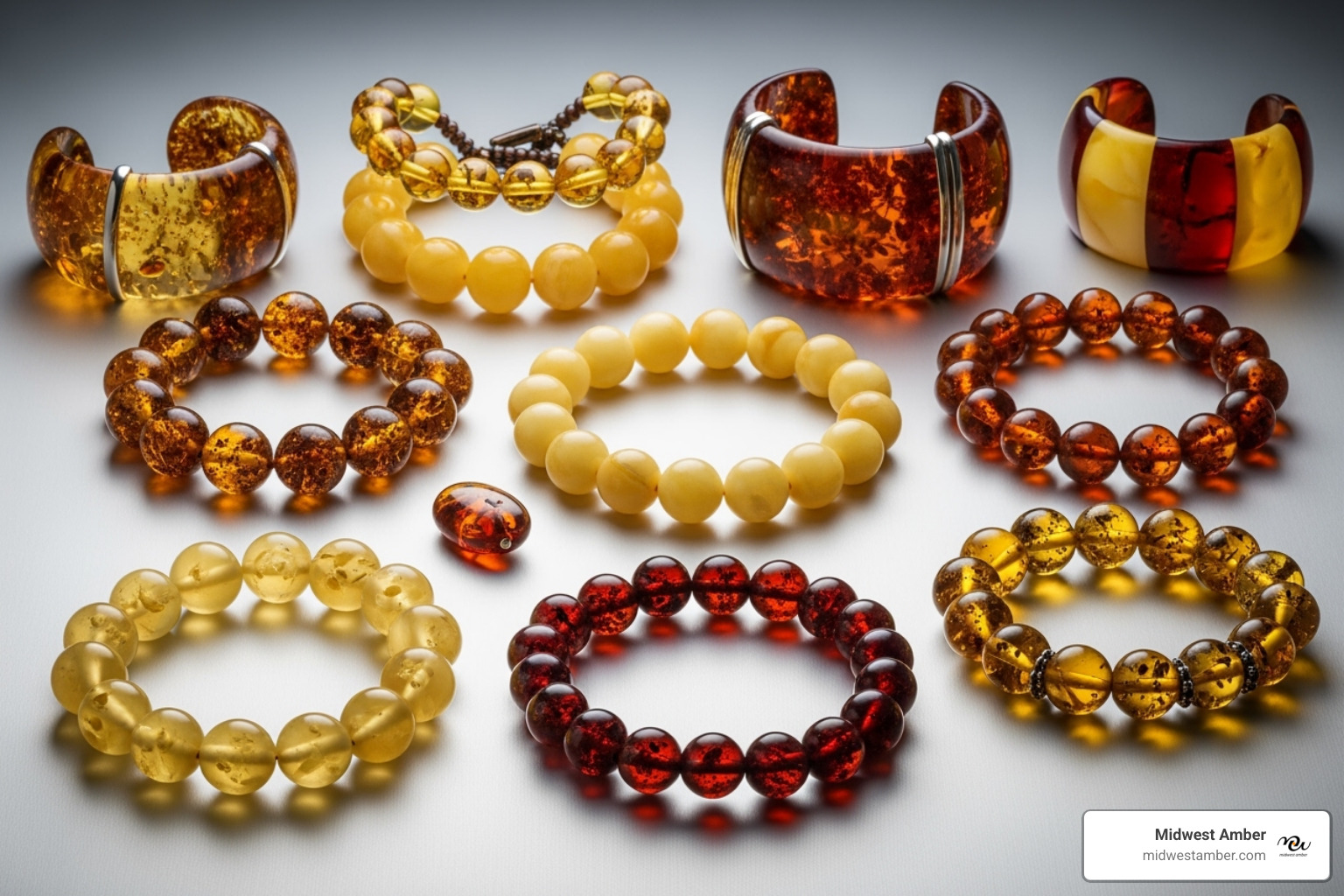 collection of different amber bracelet styles including beaded, stretch, and cuff - bracelet amber
