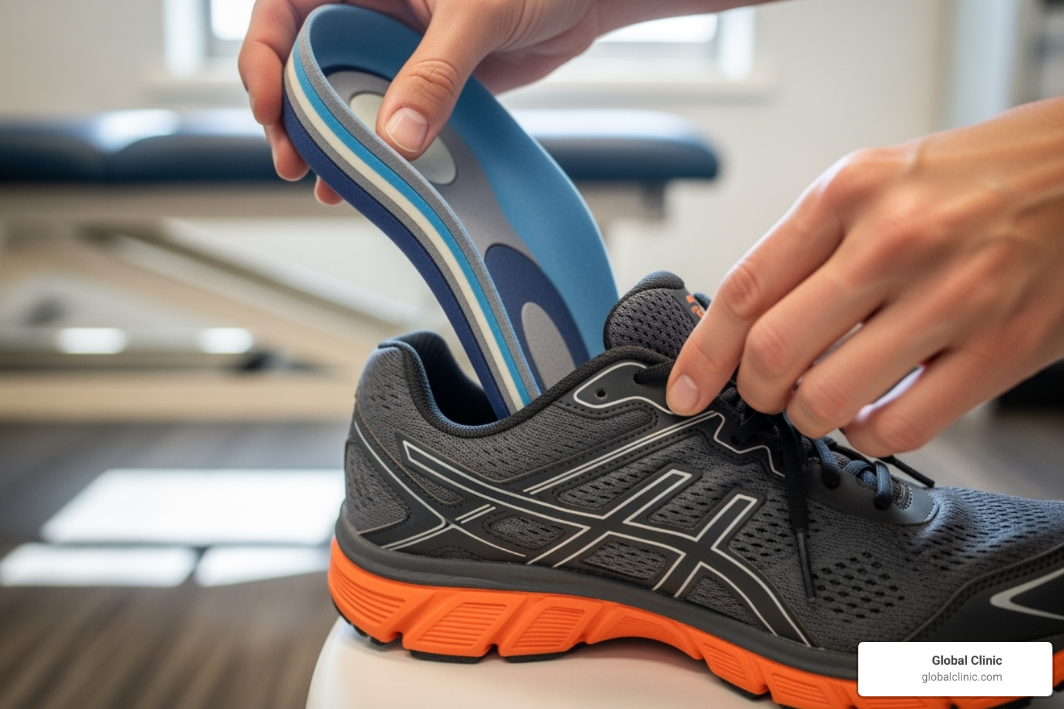 custom orthotics being fitted into a shoe - podiatric care meaning