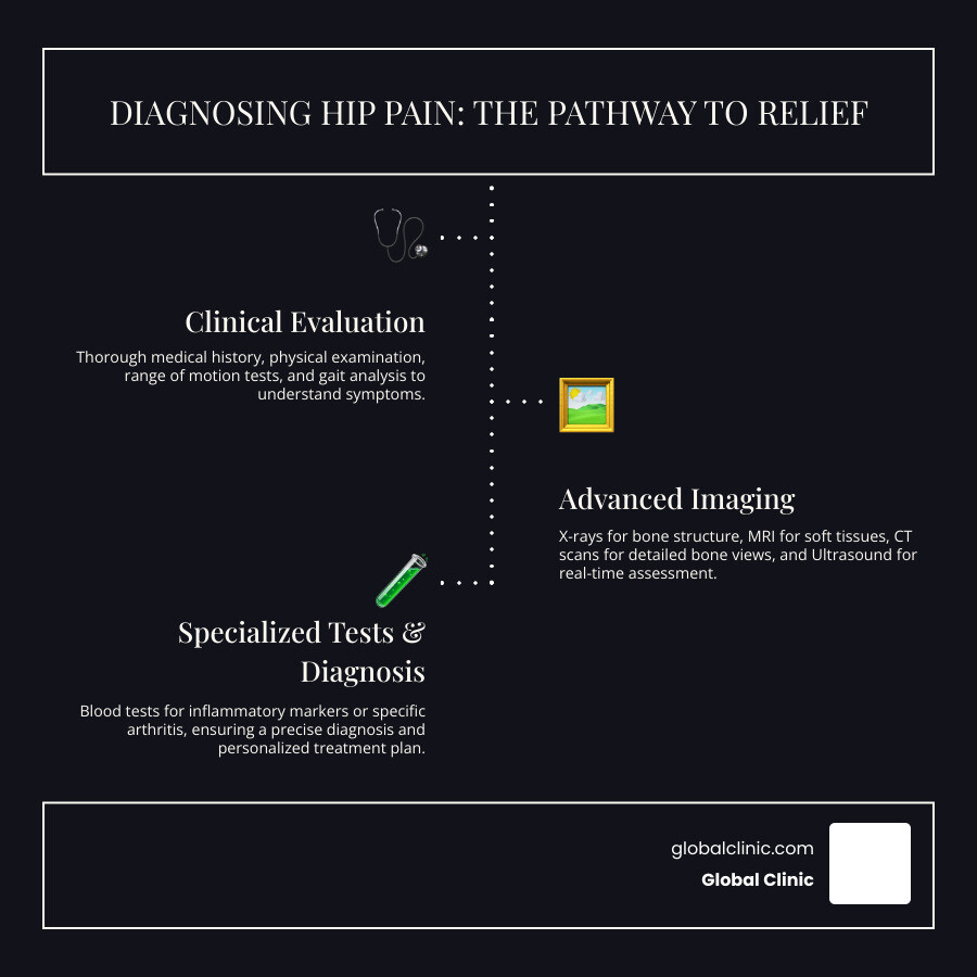 Infographic detailing the diagnostic pathway for hip pain, starting with patient history and physical examination, followed by various imaging techniques (X-ray, MRI, CT, Ultrasound) and possibly blood tests, leading to a confirmed diagnosis and personalized treatment plan - Hip joint pain infographic infographic-line-3-steps-dark