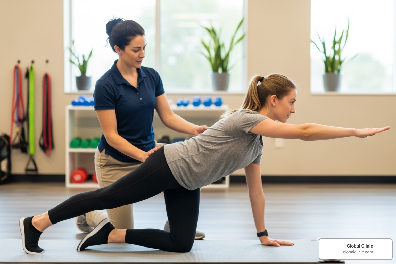 A physical therapist gently guiding a female patient through a back-strengthening exercise, demonstrating proper form and providing support in a modern, well-lit clinic setting - left side of mid back hurts