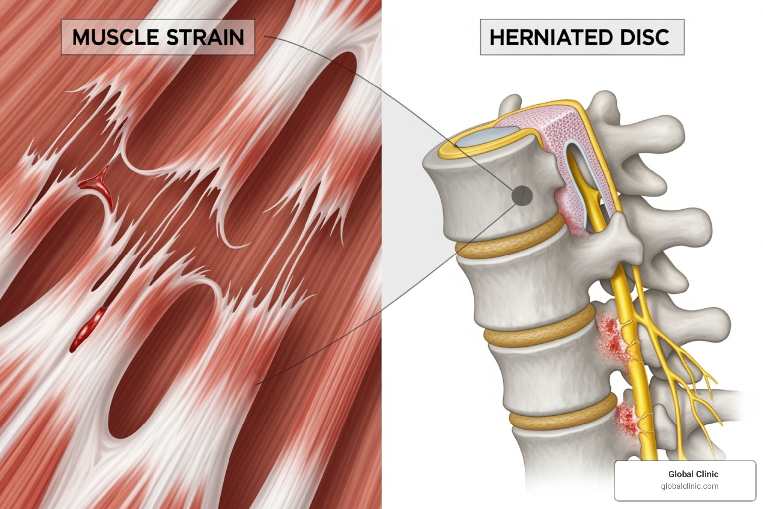 Illustration showing a clear distinction between a muscle strain (depicting stretched or torn muscle fibers) and a herniated disc (showing a disc bulging and pressing on a nerve root) - left side of mid back hurts