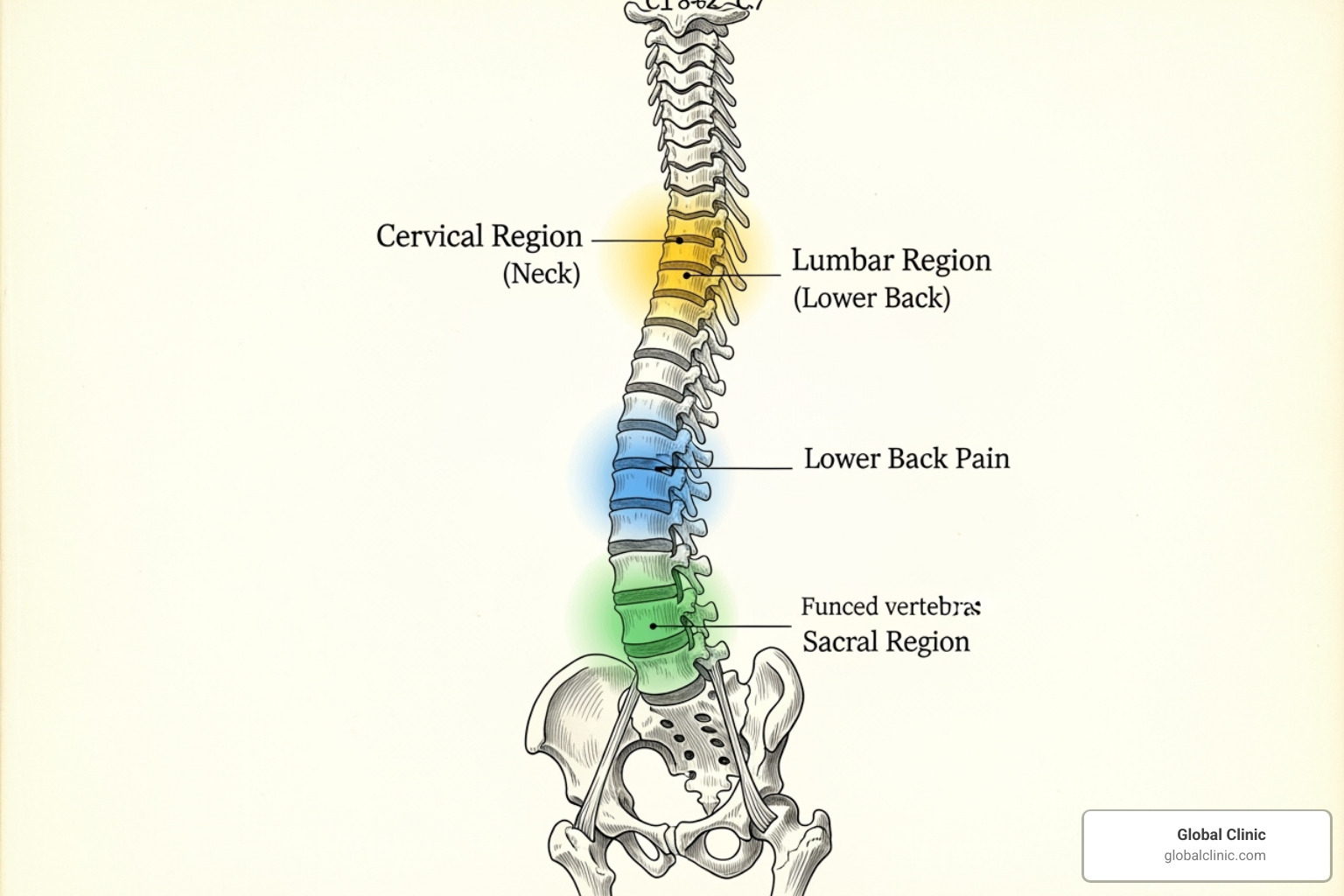 Image of the human spine highlighting common pain areas such as the neck, lower back, and sacrum - consultants in pain management