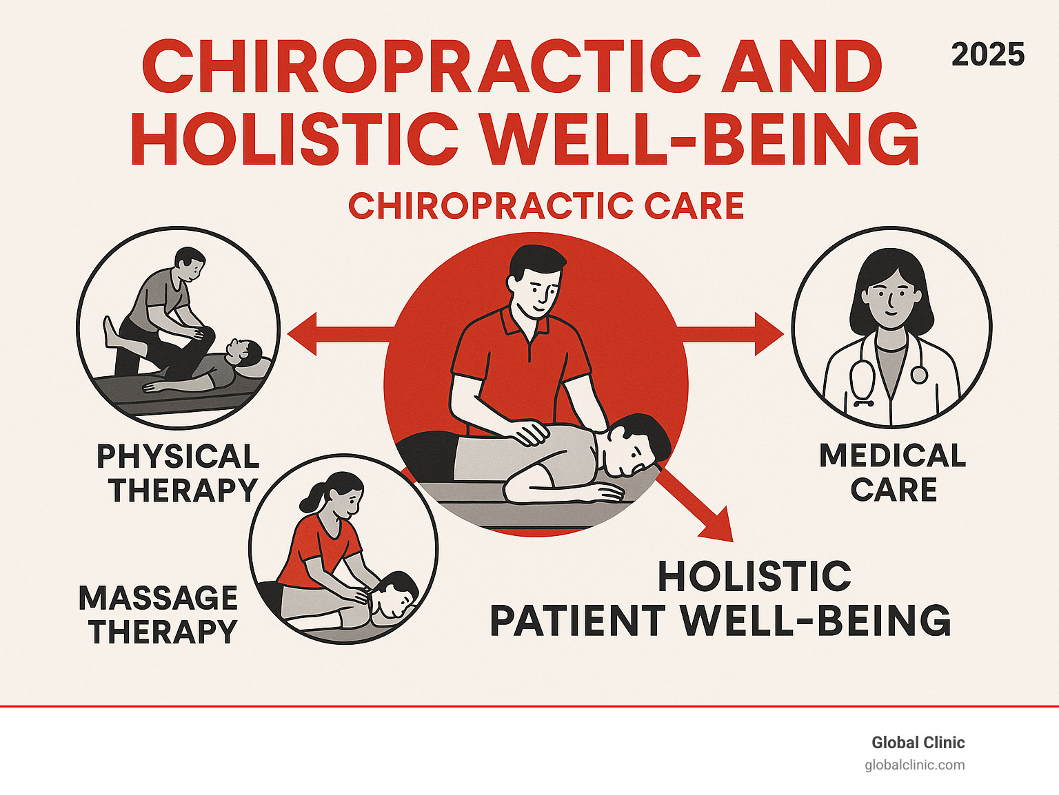 Infographic showing how chiropractic care complements physical therapy, massage therapy, and medical care for holistic patient well-being - chiropracter infographic 