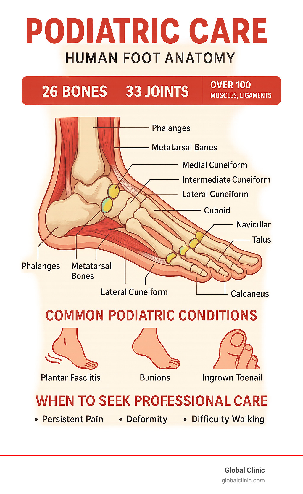 Detailed infographic showing the anatomy of the human foot with 26 bones clearly labeled, 33 joints highlighted in different colors, and over 100 muscles, ligaments, and tendons illustrated, along with common podiatric conditions and when to seek professional care - podiatric care meaning infographic 
